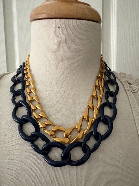 Napier Monet Jewelry - Two Vintage Status Link Necklaces Gold Tone Napier Blue Enamel Monet